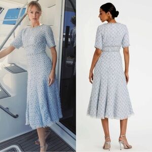 Mac Duggal 20806 Short Sleeve Beaded Trim Boucle Midi Dress Size 6 NWT Blue